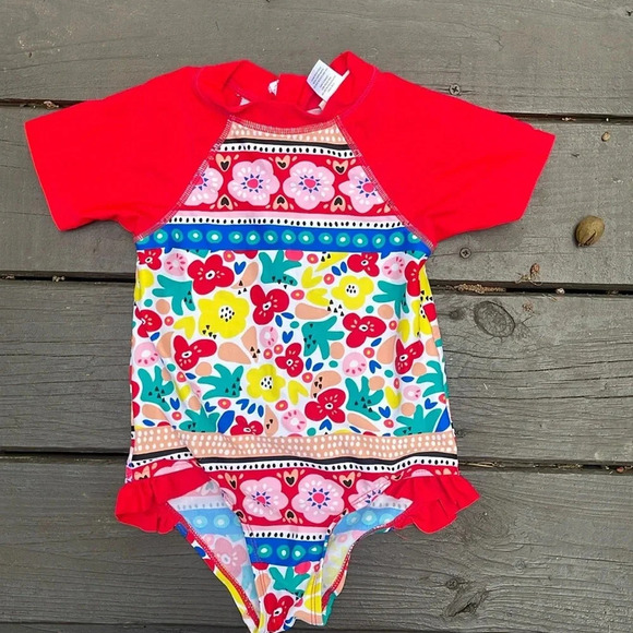 Floatimini ruffle bright floral sleeve swimsuit size 5 - Picture 1 of 4